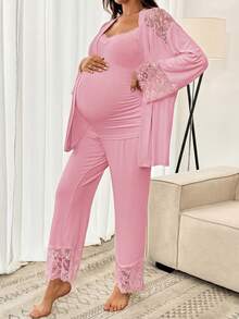 SHEIN 3pcs Maternity Set: Elegant Contrast Lace Camisole, Pants And Robe, Suitable For Spring And Autumn Photoshoot - Pink - View 4