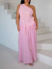 Slaydiva Top femme grande taille rose unicolore ajusté sans manches à une épaule, asymétrique, avec volants, patchwork, franges et empiècement en maille, style sexy et romantique, pour vacances printemps/été, street style, tenue quotidienne, à la mode réseaux sociaux, tenue de vacances d'été, festival de musique, Pâques, plage, bord de mer, style étudiant - A - Rose bonbon - Voir 4