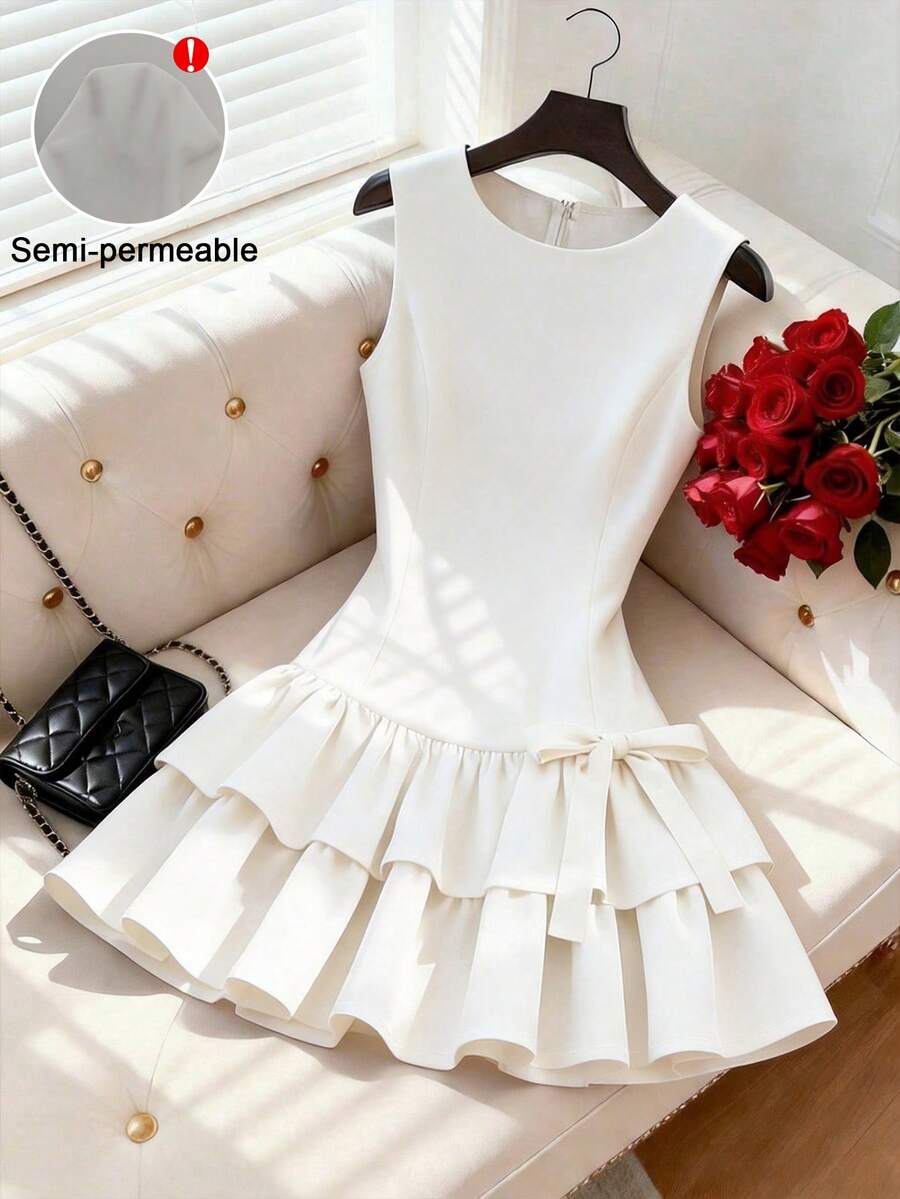 GlowEve Vestido elegante sin mangas estilo francés, vestido mini sin mangas con lazo rojo, adecuado para salidas diarias, citas, vacaciones - Blanco - Ver 1