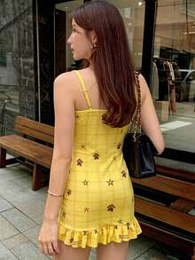 Tideelle 女士优雅通勤针织格纹印花褶皱吊带连衣裙，饰有蝴蝶结和荷叶边下摆，春夏款 - 黃色 - 查看 2