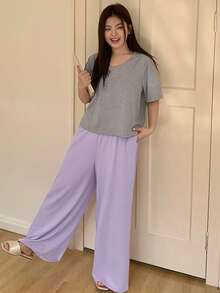 Dazy Plus 两件套加大码女式条纹露脐上衣和长裤睡衣套装，春/秋/夏季 - 灰色 - 查看 4