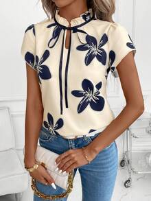 SHEIN Clasi Blusa con estampado floral y lazo versátil para mujer - Multicolor - Ver 3