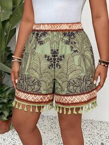 SHEIN SXY Große Größen Grüne Urlaub-Stil bedruckte lockere Shorts mit elastischem Bund und Quasten-Verzierungen, Urlaub Bohemian, leicht zu kombinieren, schmeichelt der Figur - Grün - Übersicht 5