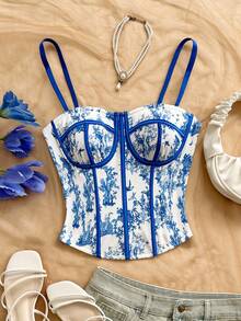 Soleia Plus Size Vintage Floral Contrast Color Camisole For Women, Suitable For Holiday, Date, Afternoon Tea, Vacation, Music Festival, Bohemian Style - Blue and White - View 3
