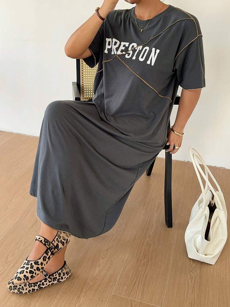 Dazy Plus Plus Size Women's Casual Gray Dress With Letter Print, Split Line & Decorative Stitching, Summer Sun Dresses For Women