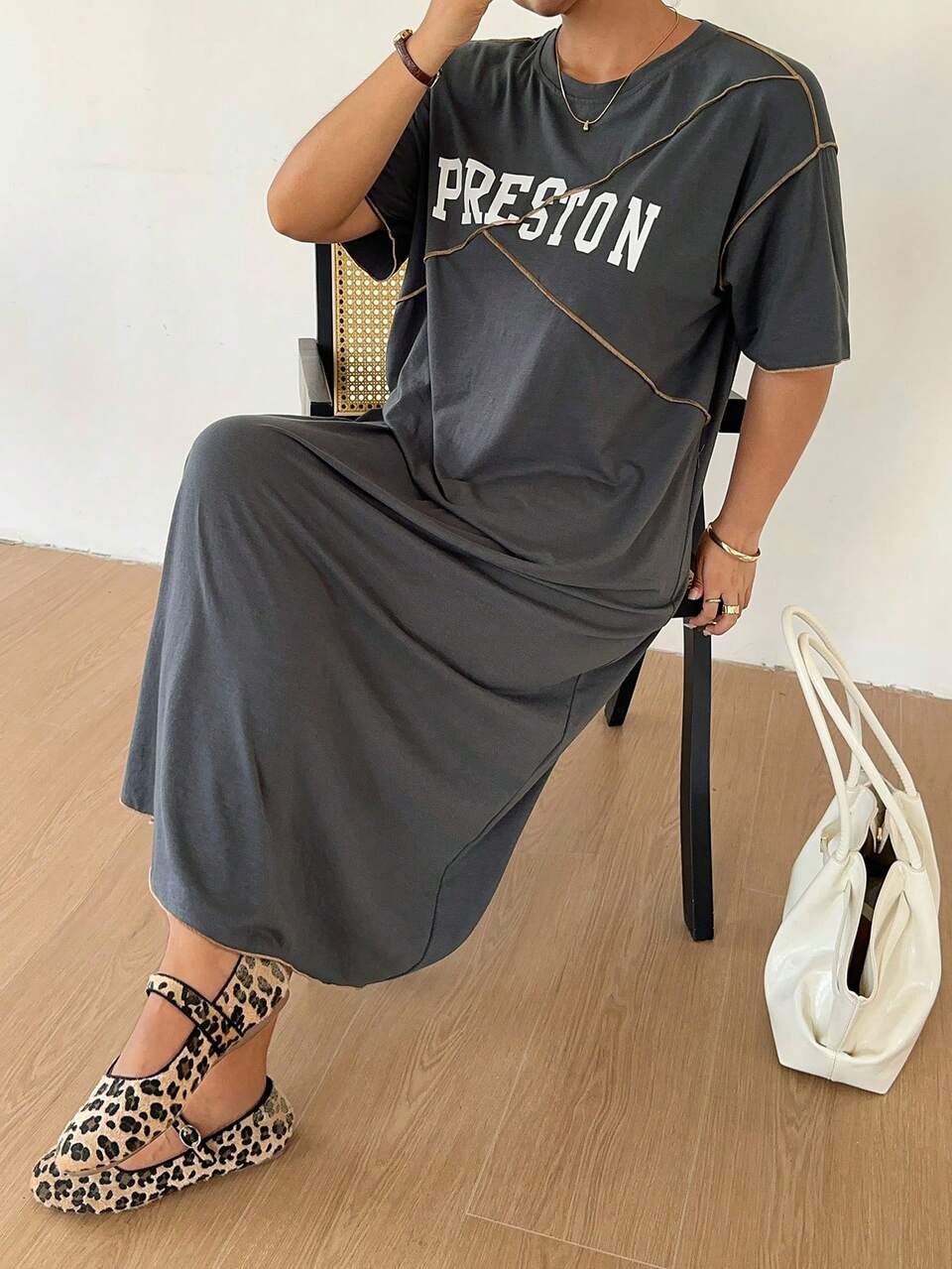 Dazy Plus Plus Size Women's Casual Gray Dress With Letter Print, Split Line & Decorative Stitching, Summer Sun Dresses For Women