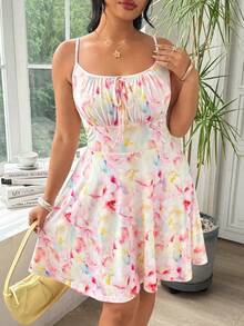 SHEIN EZwear Đầm hai dây thanh lịch dành cho nữ cỡ lớn, có dây buộc, họa tiết hoa, thích hợp cho kỳ nghỉ. - Nhiều màu - Xem 3