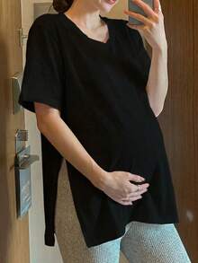 DAZY Maternity Round Neck Solid Color Short Sleeve Split Hem Loose Black T-Shirt, Spring/Summer - Black - View 10