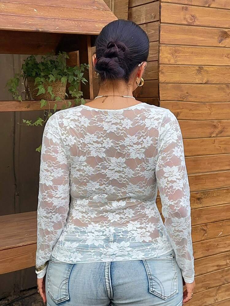 Dazy Plus Plus Size Women Lace-Up Contrast Lace Sexy Casual Blouse, White, Spring/Summer