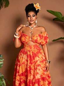 Maweii Plus Size Tie-Dye Print Off-Shoulder Casual Dress - Red - View 6