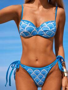 SHEIN Swim 女款夏季海灘度假貝殼亮片掛脖繫帶熱帶比基尼泳衣套裝 假期藍 - 藍色 - 查看 6