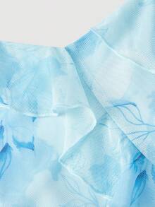 SHEIN MOD Women's Light Blue Summer Tropical Tea Party Holiday Asymmetrical Hem Cami Floral Multi-Layered Lotus Leaf Long Ruffle Trim Wedding Guest Midi Dress - Blue and White - View 5