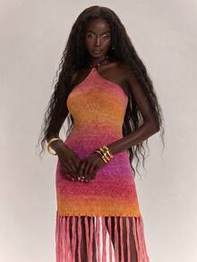 SHEIN BAE High-End Halter Backless Patchwork Tassel Dress For Women,Pink And Orange Summer Day Party Holiday Vacation Holiday Evening Gown - Multicolor - View 4
