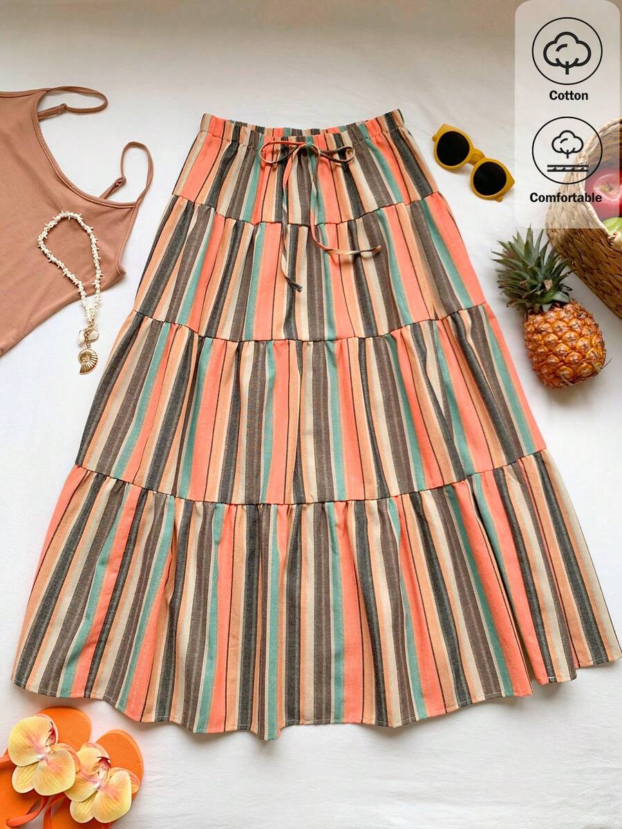Comfortcana Falda casual de mujer con volantes y cintura con lazo a rayas - Naranja - Ver 1