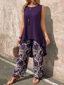 EMERY ROSE Set de 2 piezas: Top sin mangas con parte delantera corta y parte trasera larga de unicolor, y pantalones con estampado floral - Morado - Ver 5