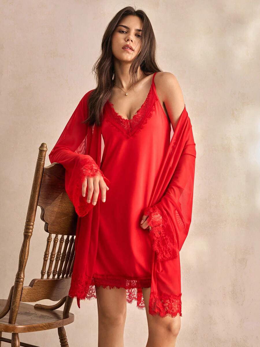 Charlaine 女士蕾丝拼接吊带连衣裙和开衫性感内衣套装 - 紅色 - 查看 1