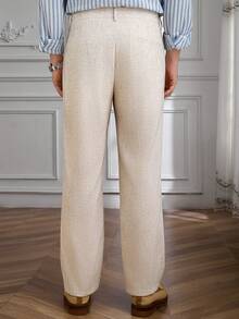 Core Aspect Men's Solid Color Linen Casual Business Pants With Belt Loops And Zipper, Ankle Length - Beige - View 3