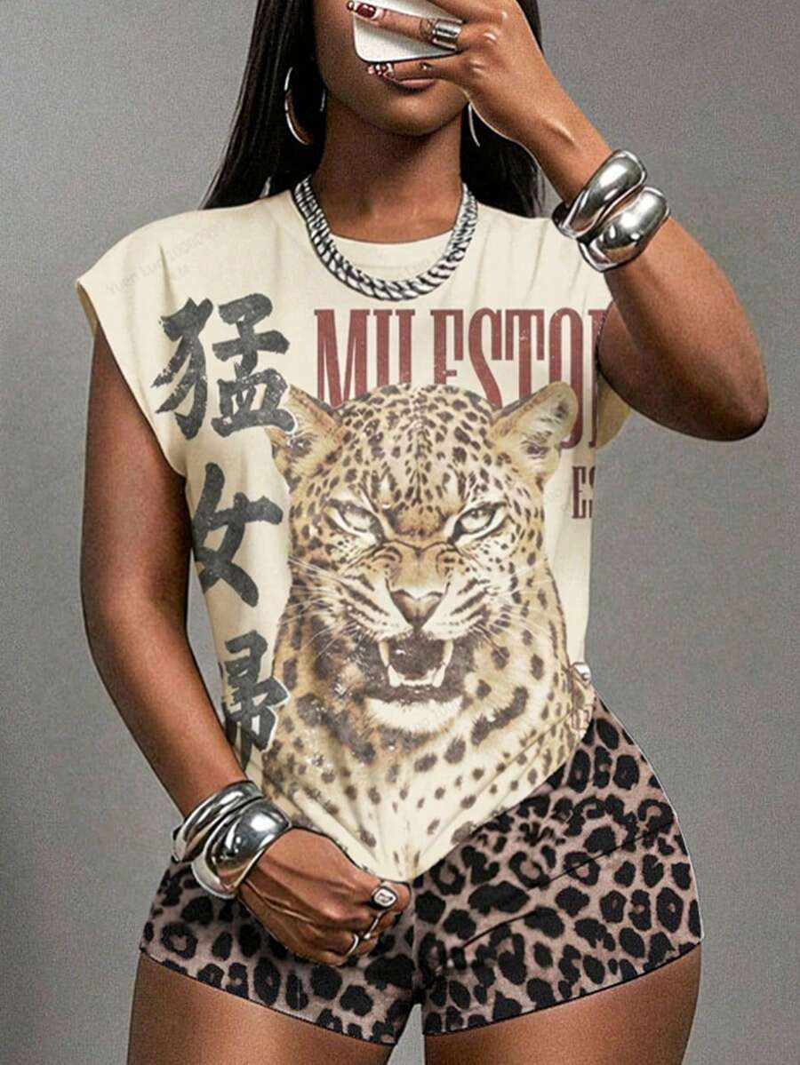 Slaydiva 春夏新款修身街头休闲性感圆领无袖T恤+迷你性感短裤女式两件套/休闲简约基础款/Y2K/街头风/街头甜美/网红热销/日常约会/辣妹风/性感/夜店/返校/外出/嘻哈/网络爆款同款/颓废风/唇十字图案/中文“女汉子”+豹纹印花 - 彩色 - 查看 1