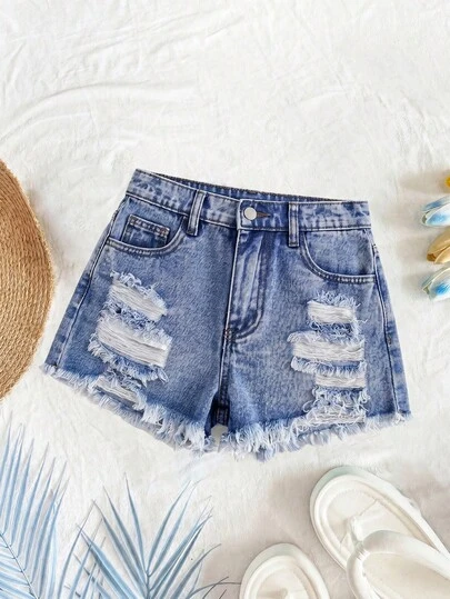 SHEIN Shorts vaqueros de cintura alta con dobladillo deshilachado y lavado claro para niñas preadolescentes, shorts de verano estilo boho para vacaciones en la playa, conjuntos informales para conciertos y festivales de verano, atuendos de verano para brunch y graduación de niñas