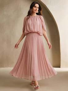 Anewsta Conjunto de 2 piezas de top elegante y romántico con drapeado y falda midi plisada y acampanada de moda para mujer - Rosa - Ver 3