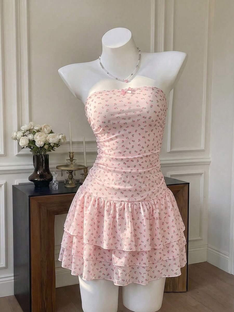 Elamini Women's Summer Knit Ditsy Floral Ruched Layered Sexy Bandeau Dress - Pink - View 1