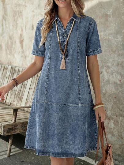 EMERY ROSE Mature Denim Women's Casual Everyday Washed Denim Collared Short Sleeve Dress, Summer,Denim Shirt Dress With Henley Collar And Short Sleeves,Washed Denim Tunic Dress With Half Placket And A-Line Hem,Casual Denim Dress With Peter Pan Collar And Tiered Back Hem,A Washed Denim Shirt Dress Featuring A Henley Collar, Partial Button Placket, Short Sleeves With Button Cuffs, And A Flowy A-Line Hem With Tiered Back Detail. A Relaxed, Everyday-Ready Piece,DenimShirtDress, HenleyCollar, WashedDenim, ALineDress, TieredHem, ShortSleeves, EverydayOutfit, CasualChic