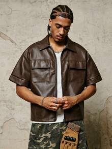 PAVTROS Men's Loose Fit Short Sleeve Zip-Up Shirt - Coffee Brown - View 3