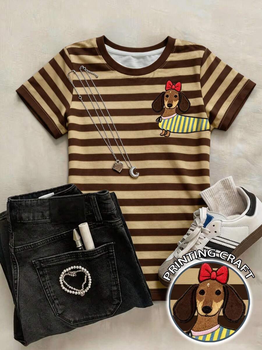 Glimmora Áo thun nữ cổ tròn kẻ sọc, in hình chó Dachshund dễ thương, tay ngắn, kiểu dáng thường ngày, màu nâu và be, phong cách vintage Y2K, trang phục cơ bản mặc hàng ngày. - Nhiều màu - Xem 1