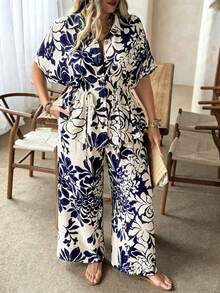 Ceyna Plus Size Women's Spring & Summer Casual Vacation Chiffon Leaf Print Shirt With Elastic Waist & Wide Leg Pants 2-Piece Set - Navy Blue - View 1