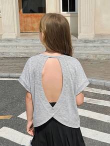 2件/組 青少年女孩春夏季休閒時尚交叉露背對比飾邊圓領寬鬆T恤，返校季，母女套裝 - 灰色 - 查看 7