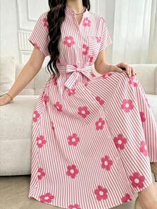 SHEIN Đầm ngắn tay mùa hè thoải mái, cổ đứng, kẻ sọc hồng, tay ngắn, dáng suông, có xẻ tà, kèm thắt lưng, thích hợp mặc hàng ngày, đi mua sắm, du lịch và nhiều dịp khác. - Hồng - Xem 1