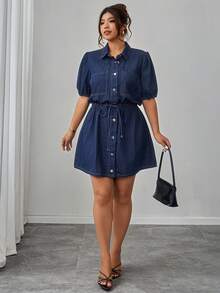 Elenzga Plus Size Women Elegant Comfortable Loose Navy Blue Non-Stretch Denim Dress - Dark Wash - View 6