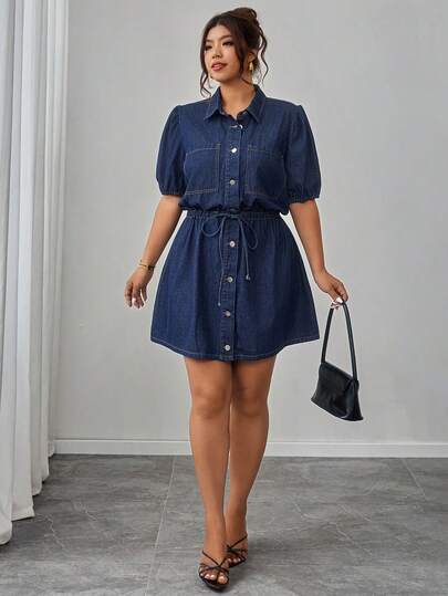 Elenzga Plus Size Women Elegant Comfortable Loose Navy Blue Non-Stretch Denim Dress