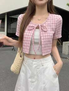 Joudiya Plaid Print Tie Front Crop Tee - Pink - View 10