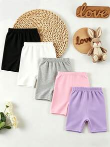SHEIN Playful Pals 5件套百搭纯色短裤，适合6个月至2-3岁女婴，轻便休闲，适合春、夏、秋季日常外出、上学及休闲活动。 - 彩色 - 查看 3