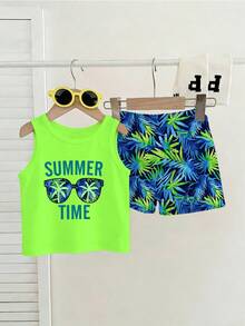 SHEIN Playful Pals 2pcs/Set Unisex Infant/Toddler Baby Boy/Girl Sunglasses & Letter Print Tank Top, Palm Tree Print Shorts Set, Summer Outfit - White - View 6