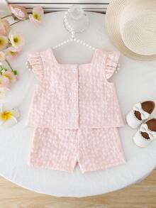 SHEIN Playful Pals 2件套女婴0-3岁春夏优雅甜美3D立体花卉提花领衬衫短裤两件套 - 粉色 - 查看 2