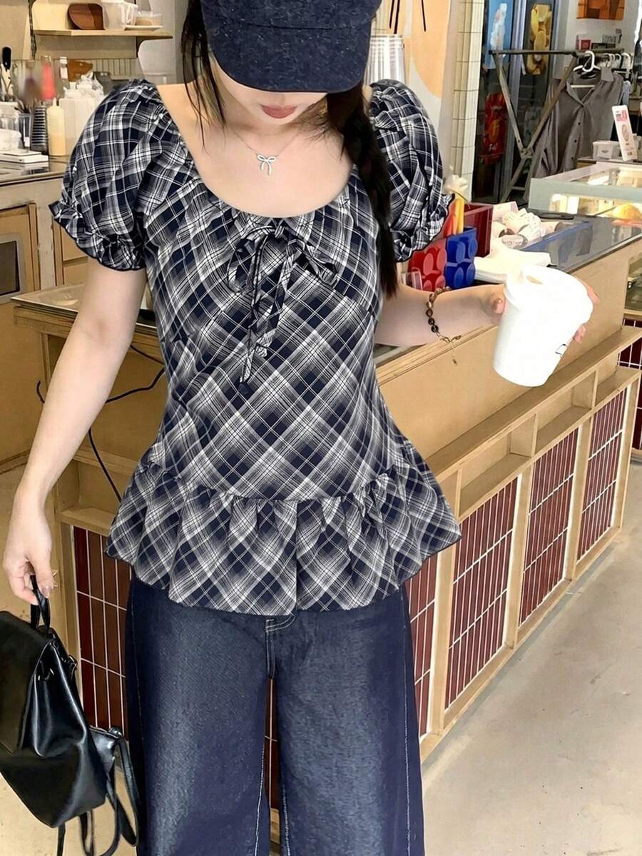DAZY 女款格紋圓領休閒短袖上衣 夏季可愛上衣 校園風 - 藍色 - 查看 1
