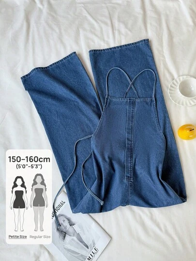 SHEIN PETITE Mono vaquero para mujer, conjunto elegante casual de verano y vacaciones para mujer, mono vaquero holgado y casual con bolsillos para mujer