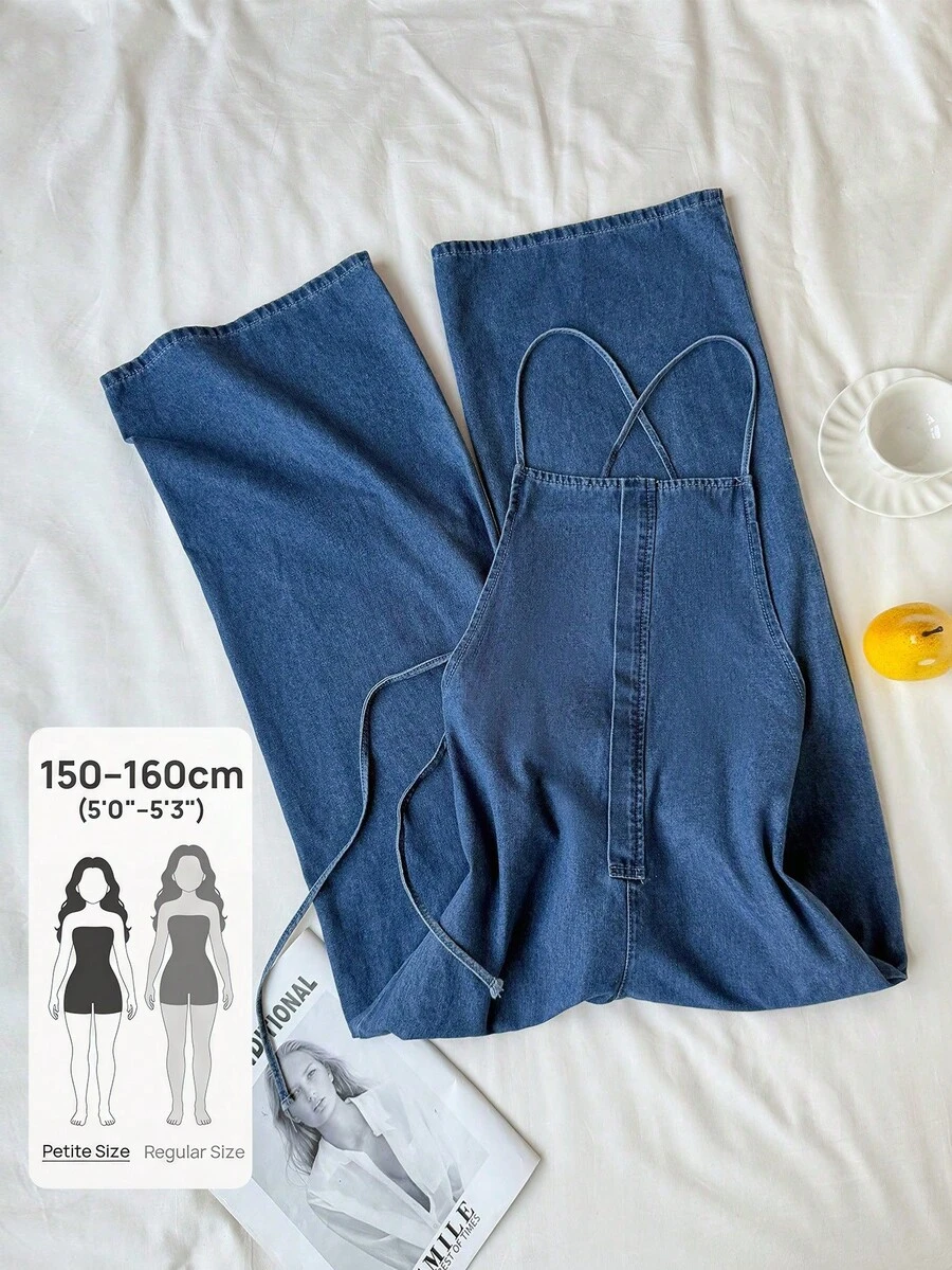 SHEIN PETITE Bộ áo liền quần denim nữ, trang phục thường ngày thoải mái cho mùa hè đi biển và kỳ nghỉ, trang phục thanh lịch cho nữ, áo liền quần denim dáng rộng thoải mái có túi cho nữ. - Rửa tối - Xem 1