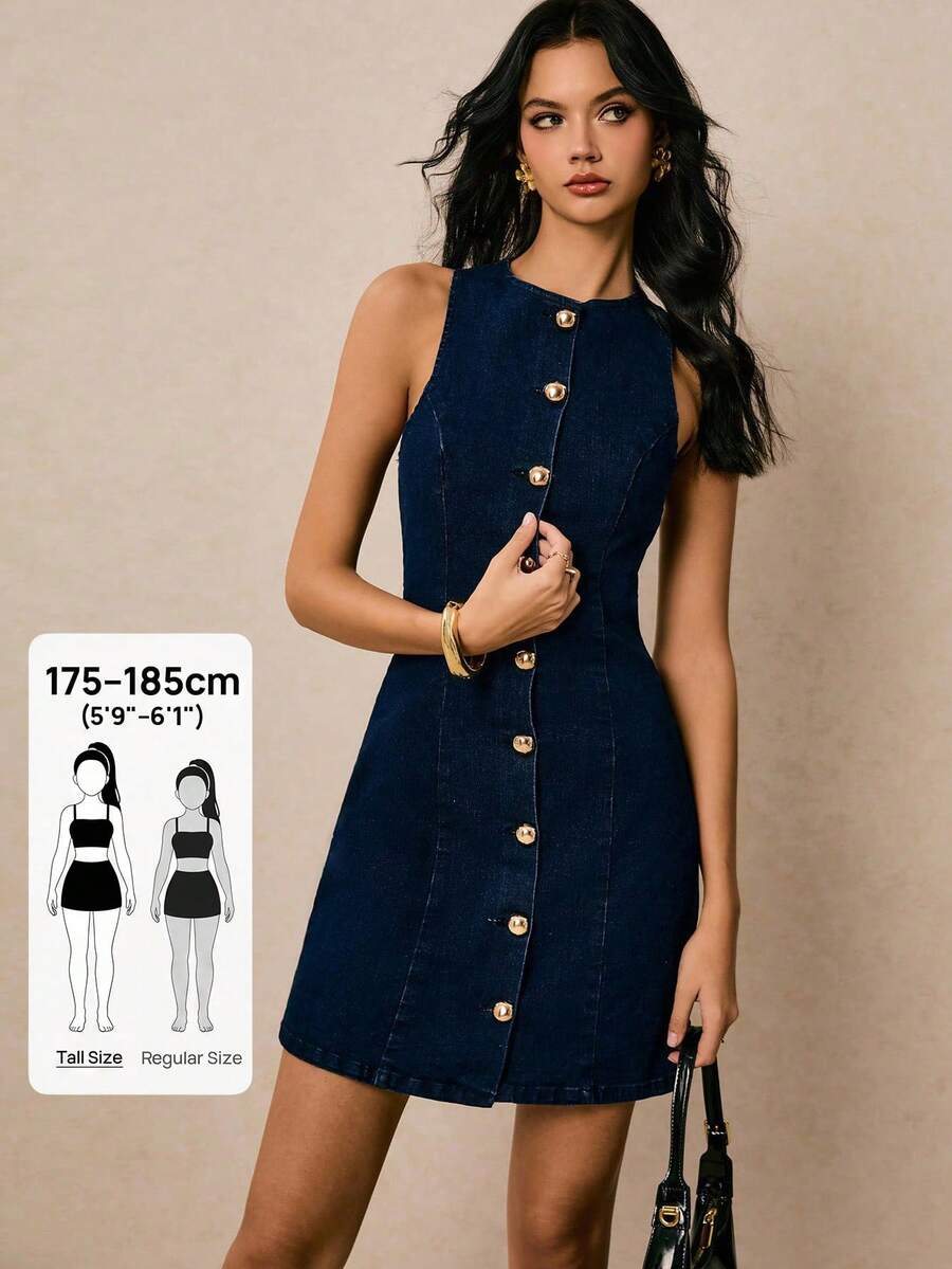 SHEIN Tall 高个女款圆领无袖纽扣牛仔连衣裙，休闲夏季优雅日常穿搭 - 藍色 - 查看 1