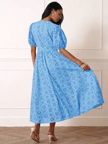 Lilora Women's Elegant Blue Floral V Neck Eyelet Broderie Anglaise Maxi Dress With Puff Sleeves Perfect For Summer Holiday Tea Party Vacation Brunch - Blue - View 2