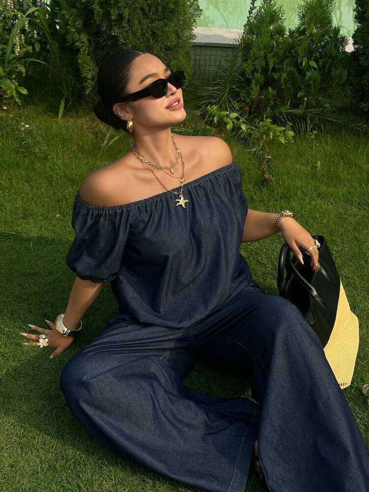 Dazy Plus Western Cowgirl Street Style Off Shoulder Top And Loose Wide-Leg Pants Vacation Set, Plus Size For Spring/Summer