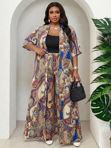 SHEIN Lady Bộ 2 món áo khoác dài và quần dài in họa tiết Paisley cỡ lớn. - Nhiều màu - Xem 4