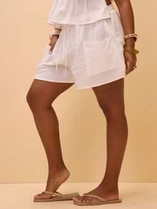 MUSERA Plus Size Cheesecloth Tie Waist Shorts Spring Summer Vacation Holiday Elegant Swim Beach Thalassa - White - View 4