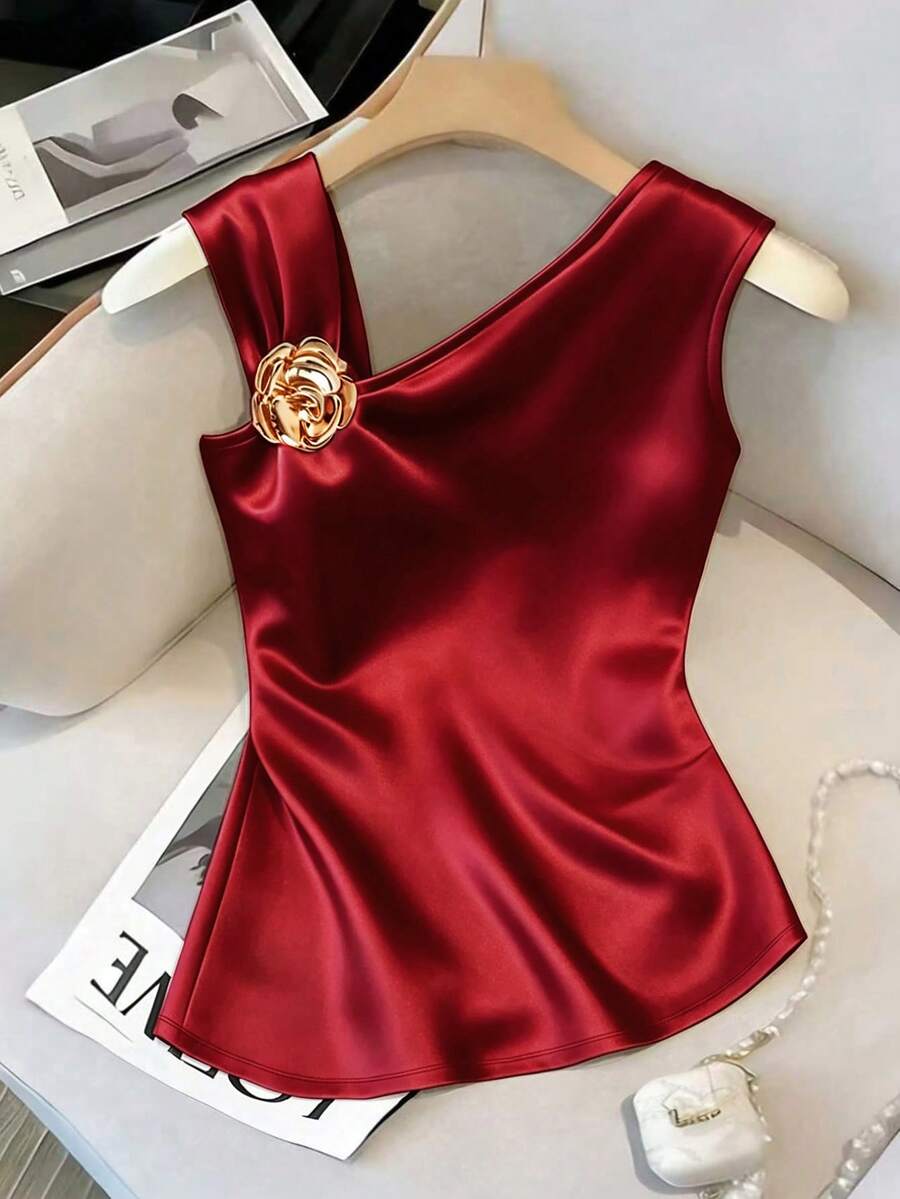 Franclia 女士金属装饰休闲百搭日常穿搭T恤 - 紅色 - 查看 1