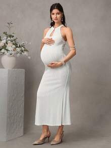Cheriluna Maternity 孕妇纯色高开衩镂空修身无袖连衣裙，适合拍照 - 白色 - 查看 5