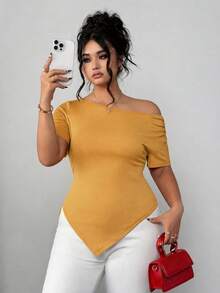 Elenzga 大码女式夏季不对称肩部褶皱不对称下摆优雅时尚通勤短袖T恤 - 黃色 - 查看 1