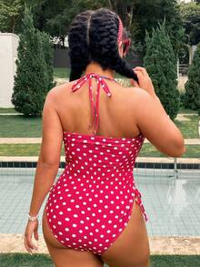 Swim Mod HELLO KITTY AND FRIENDS | SHEIN 2026 New Summer Beach Vacation Cute 1920s Sweet Red Polka Dot Pattern Halter Neck Design Plus Size One-Piece Swimsuit - Multicolor - View 2