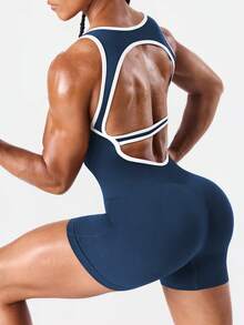 Seamluxe SHEIN Sport Bộ áo liền quần không đường may hở lưng dành cho nữ - Màu xanh hải quân - Xem 1